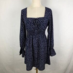 Polly Navy Blue Polka Dot Smocked Waist Mini Dress Long Sleeve Square Neck Sz 8